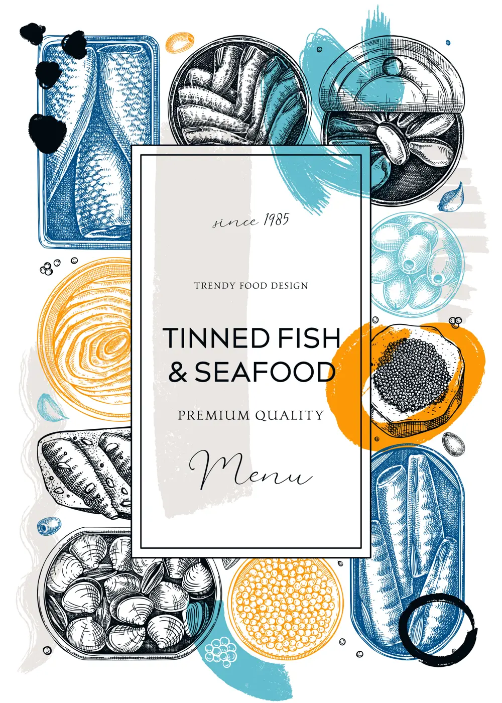 Collage-style canned fish frame design. Seafood background with hand-drawn sardines, anchovy, mackerel, tuna, mussels in tin can drawings. Healthy food  with tinned fish sketches and abstract shapes Illustration